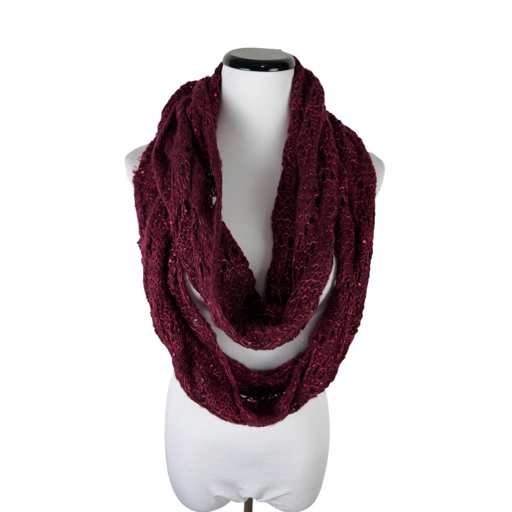 Berkshire Fashion Burgundy Sequin Open Knit Infinity Scarf Wine Red OSFM
